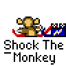Animated contact sheet of a pixel art monkey character performing actions with electric effects and falling, displayed in 4x4 grid format on gray background.