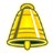 Static pixelated image of a golden bell with horizontal bands and a clapper, rendered in yellow and brown tones on a white background.