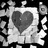 A grayscale pixelated icon featuring a large heart shape centered within a white square frame, surrounded by abstract geometric patterns on a black background.