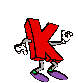 Red letter K character with purple shoes and green ankle bands, performing various hand gestures against gray background.