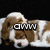 A brown and white puppy lies on a black background with text overlays reading 'aww' and 'puppy love!' in pixelated font.