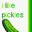 Green text 'i like pickles' appears above a pixelated pickle image on white background with green vertical bars.