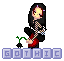 Pixel art of a goth character with long black hair and red streaks, playing a red electric guitar while standing on purple blocks spelling 'GOTHIC' against a gray background.