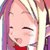 Pixelated anime-style character icon with pink hair, winking eye, and red top against light background.
