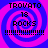 Pixelated image with four identical showing 'TROVATO 18 ROCKS' text over a blue and pink spiral background
