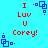 Pixelated icon with red text "I Luv U Corey!" and blue geometric shapes on cyan background, showing animation of blue shapes shifting position.
