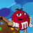 Pixelated red M&M character with white 'M' logo on chest, holding brown object against blue background.