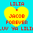 Four identical yellow heart-shaped icons with red text on a cyan background, each displaying 'LILIA + JACOB FOREVER' and '_UV YA LILILUV YA LILI' in pixelated font.