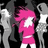 Pixelated static image of a figure in pink dress with white accents against dark background, flanked by two gray figures.