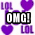 Pixelated buddy icon with four color variations of text and hearts: purple 'LOL' and 'OMG!' with purple hearts, cyan 'LOL' and 'THAT'S SO' with cyan hearts, green 'LOL' and 'LOL!' with green hearts.