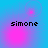 Pixelated text 'simone' appears below pink circular light effects on a blue gradient background with four distinct animation states.