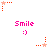 Pixelated pink 'Smile :)' text with a smiley face below, surrounded by red and orange star-shaped pixel clusters on white background.