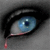 A close-up of a blue eye with black eyeliner, showing detailed iris patterns and a single red tear drop on the lower lid against a gray background.