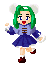 Pixel art character with green hair and mouse ears in blue dress, red shoes, white socks, two poses showing different arm positions.