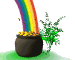 Animated sequence showing a dark pot overflowing with yellow coins, a rainbow arching from the pot, and a green plant beside it, with small yellow particles floating upward.
