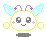 Pixelated character with white face, light blue wings, pink antennae, and yellow outline in three of three poses showing eye and hand movements