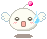 A 4-frame pixel art animation of a white round character with wings, pink cheeks, and blue droplet prop across different expressions and mouth shapes on gray background.