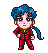 Pixel art character in red outfit with blue hair and ponytail, transitioning through multiple poses including standing, running, and dynamic action frames.