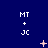 Blue background with repeated 'MT + JC' text and animated pink star-like shapes in three