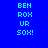 Pixelated text 'BEN ROX UR SOH!' displayed across four color backgrounds in a with cyan lettering