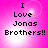 Pixelated text on a pink gradient background with four identical showing "I Love Jonas Brothers!!" in black block letters