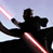 Pixelated static image of a dark silhouette figure holding two glowing lightsabers against a light blue background.