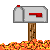 Pixel art animation of a mailbox with red flag, brown post, and orange-brown ground, showing sequential changes in the mailbox door state and a ghost appearing.
