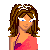 Pixelated character with brown curly hair wearing a pink one-shoulder top and silver headband, with multiple views of torso and legs in pink pants.