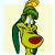 Animated cartoon character with green body, red mouth, and yellow crown-like headpiece shifts expression from neutral to smiling across frames.