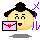 Pixelated character with black topknot hair holds pink envelope with red heart; purple motion lines shift from left to right