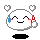 Pixelated cloud-shaped character with closed eyes, blue tear drops, red blush marks, and white hearts floating above; black oval shape below.