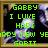 Pixelated green text on dark background with blurred anime-style character, displaying multiple variations of 'GABBY' and holiday greetings.