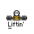 Pixel art character in yellow shirt lifts barbell; text 'Liftin' below, one frame shows speech bubble with 'UH-OH...'