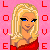 Pixelated blonde woman in red dress with blue eyes and black eyeliner against pink background with 'LOVE' text in red, white, and pink letters.
