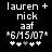 Black background displays white pixelated text and symbols: 'lauren + nick' above 'aaf', a date, and five star-like symbols with one grayed out.
