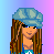 Pixel art contact sheet showing a female character in multiple outfits and poses across 8 frames with blue/pink gradient background, including full-body views, dress change, and close-up headshot.