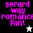 Four display 'gerard way romance fan!' in pink pixelated text with a star icon, varying background colors and star color