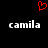 Red pixelated heart symbol above two white 'camila' text blocks on black background.