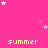 Pixelated pink background with scattered white and light pink stars, repeated yellow text 'summer' in three