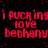 Red text on black background with scattered red dots, repeating phrases 'i fucking love bethany' in three across the image