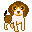 Pixelated dog with brown and white fur stands in various poses against gray background, tail position changes across frames.
