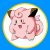 A split-screen animated buddy icon featuring a pink Pokémon character on the left and green text on the right, with visible pixelation and color banding.