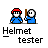 Pixel art animation of two figures in blue shirts and red helmets, one holding a brown bat-like object toward the other's head.