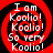 Four identical circular icons with red and black spiral patterns display white text reading "I am Koolio! So very Koolio!" in a repeating layout.