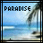 identical beach scenes with palm trees and ocean, each displaying the word 'PARADISE' at the top and a small heart symbol at the bottom that changes from black to white across frames