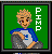 Pixelated buddy icon of a cartoon character with spiky blonde hair wearing a blue-and-white raglan shirt, holding gray objects against a green background with vertical white text "PHIP" on the right.