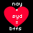 Four identical pixelated red hearts with white text 'nay + syd = bffs' on black background, arranged in a