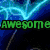 Pixelated icon with green text 'awesome' over blue lightning, transitioning to 'icon' on a colorful abstract background.