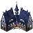 Pixelated dark blue building with multiple towers and windows against a white background.