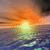 Pixelated sunset scene with orange and yellow sky transitioning to dark blue water, featuring a bright light source at the horizon.